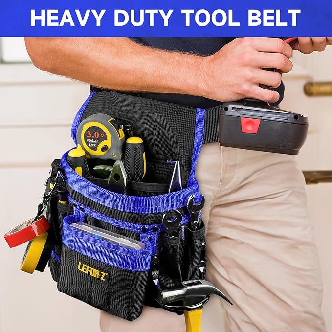 Tool Belt,Magnetic Tool Pouch,14-Pockets Tool Belts for Men,Detachable & Adjustable Tool Pouch belt for Electrician,Carpenter,Construction,Work Apron,Utility Belt,Black-Blue