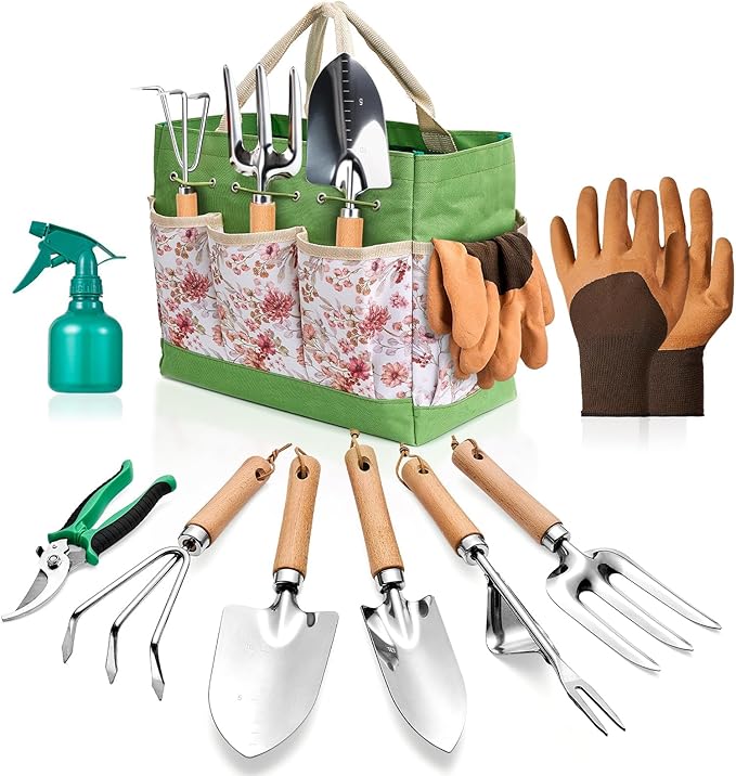 Gardening Tools – 9-Piece Garden Tools Set with Heavy-Duty Stainless Steel Hand Tools, Durable Storage Bag & Anti-Slip Rubber Gloves, Ideal Gardening Gifts for Women