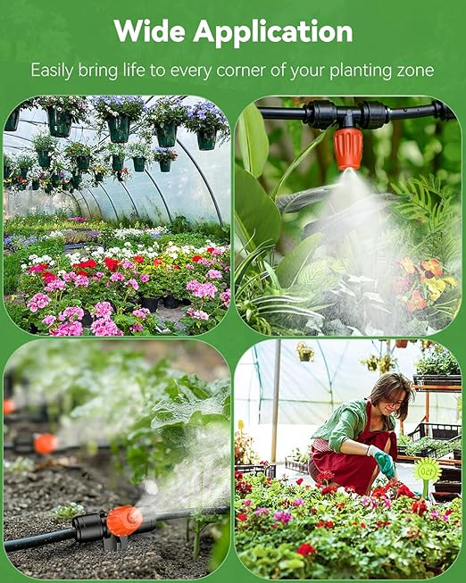 Pawfly 60 Pcs Push-to-Fit Drip Irrigation Spray Emitters with Adjustable 360 Degree Water Flow, Irrigation Drippers with End Plugs, Tee Misting Atomizing Nozzles Micro Sprayers for 1/4 Inch Tubing