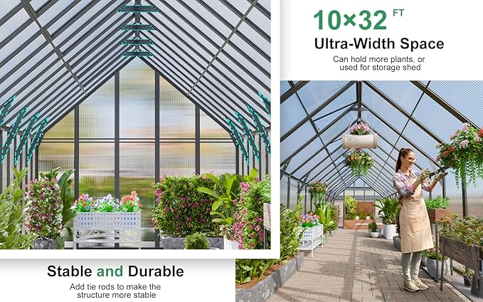 CDCASA 10x32 FT Greenhouse for Outdoors,Large Easy Assembly Thicker Aluminum Polycarbonate Greenhouses w/7 Windows, Double Door, Walk-in Green House for Outside,Patio,Backyard,Garden