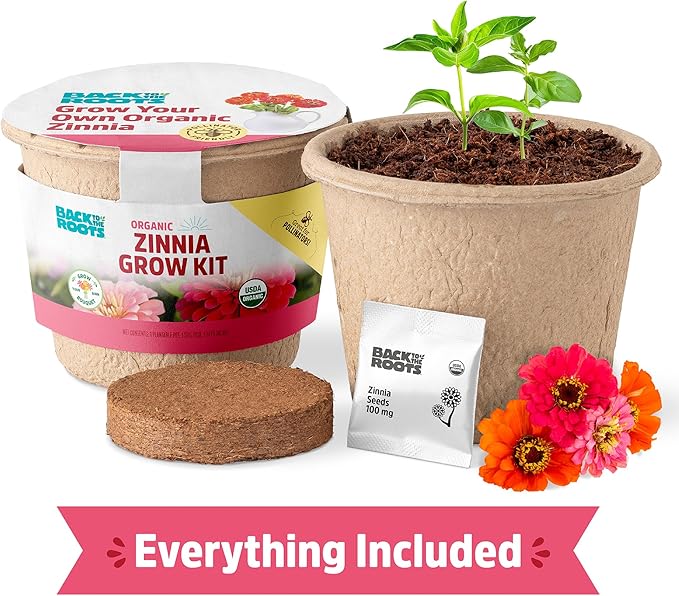 Back to the Roots Organic Zinnia Flower Grow Kit with Plantable Starting Pot Soil and Seeds