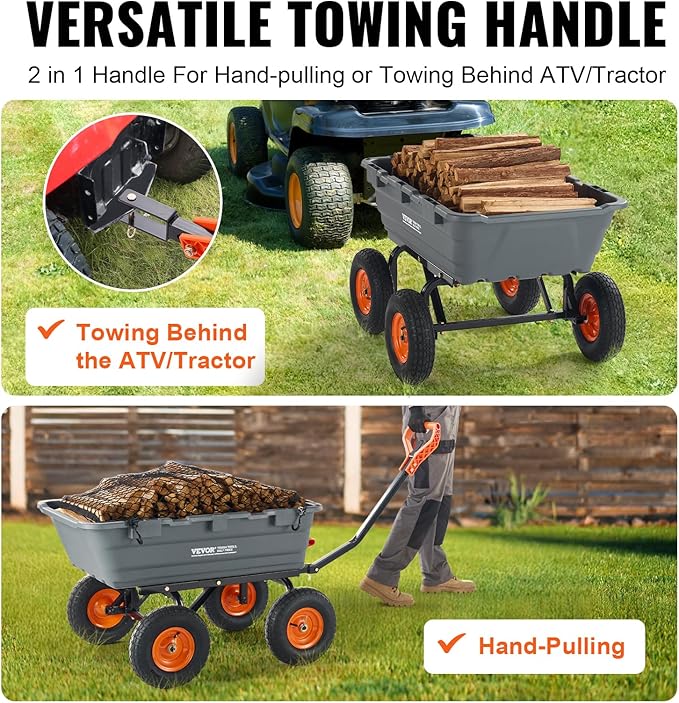 VEVOR 1200lbs 7Cu.Ft. Garden Dump Cart with 2-in-1 Convertible Handle and 13in All Terrain Wheels, Heavy Duty Poly Yard Dump Wagon Utility ATV Trailer Dump Cart Tow Behind for Lawn Mower Tractor