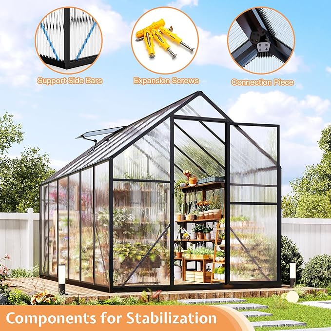 Jocisland 6x12x6.3 FT Polycarbonate Greenhouse for Outdoors with 2 Windows, Dual Swing Doors, Aluminum Walk-in Frame, Heavy Duty Garden Greenhouse for Backyard, Black