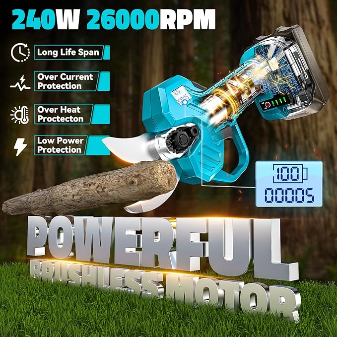 Cordless Electric Pruning Shears Compatible with Makita 18V Battery, 1.5-2-Inch Portable Pole Pruner with LCD Display & Imported SK7 Steel Blades for Gardening Shears