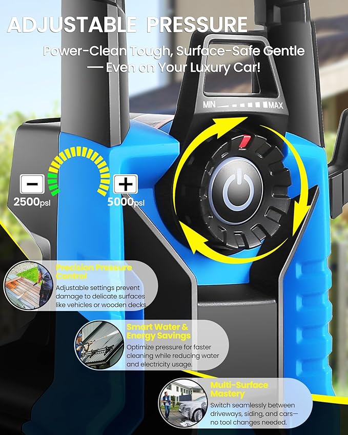 5000PSI Pressure Cleaner 4.0 GPM Adjustable Pressure,4.0 GPM Power Cleaner with Foam Cannon,4 Nozzles,33FT Hose and 500ml Soap Bottle for Home/Cars/Driveways/Patios/Fences(Blue)