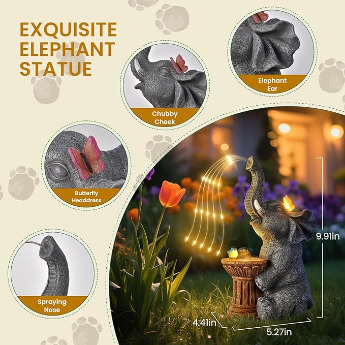 Garden Decor Watering Elephant Statues, Housewarming, Birthday Gifts for Women Mom Grandma, Garden Sculptures- Outdoor Statue Solar Lights Ornament for Yard Patio Balcony