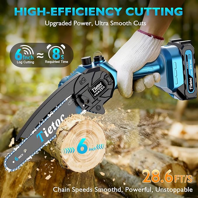Tietoc Mini Chainsaw, 6 Inch Chain Saw Cordless, 880W Powerful Electric Handheld Chainsaw with Automatic Oiler, with 2 Batteries and 2 Chains, Tree Trimmer Gardening Tools Gift for Men, Father, Dad