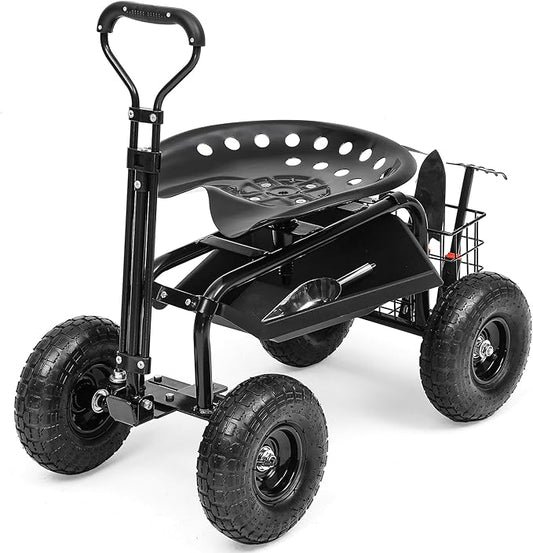 Rolling Garden Cart with 360° Swivel Work Seat, Adjustable Height, 10" Pneumatic Tires, Tool Tray & Storage Basket, Extendable Handle, Reduces Back & Spine Strain