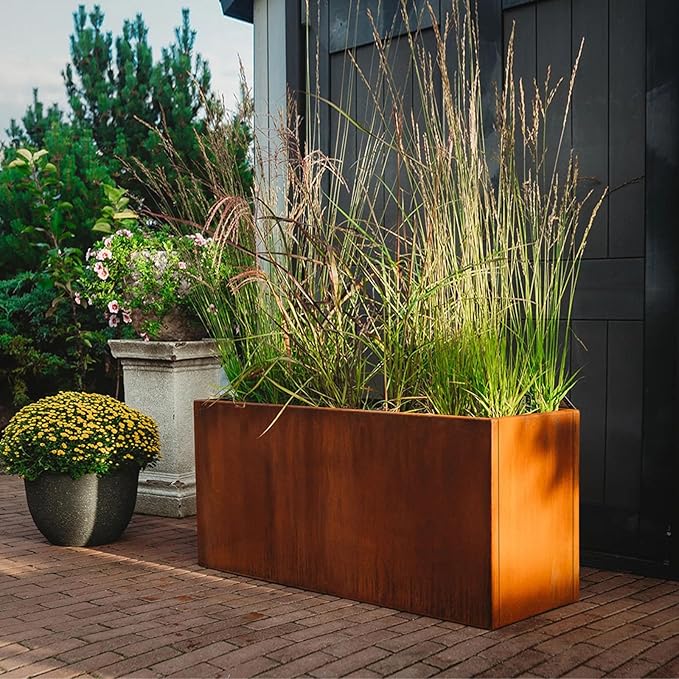 Corten Steel Corner Metal Planter Box L32 x W12 x D16 Garden Steel Planter Pot for Patio Modern Farmhouse Rustic Design (L32 x W12 x D16, Rusted)
