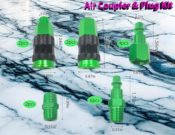 1/4" Air Hose Fittings, 16 Pieces Quick Connect Air Fittings Kit, Aluminum Air Compressor Fittings with Six-Ball Locking Mechanism, 300 PSI