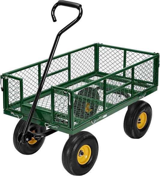 VIVOHOME Heavy Duty 880 Lbs Capacity Mesh Steel Garden Cart Folding Utility Wagon with Removable Sides and 4.10/3.50-4" Wheels 10 Inch Tire(Green)