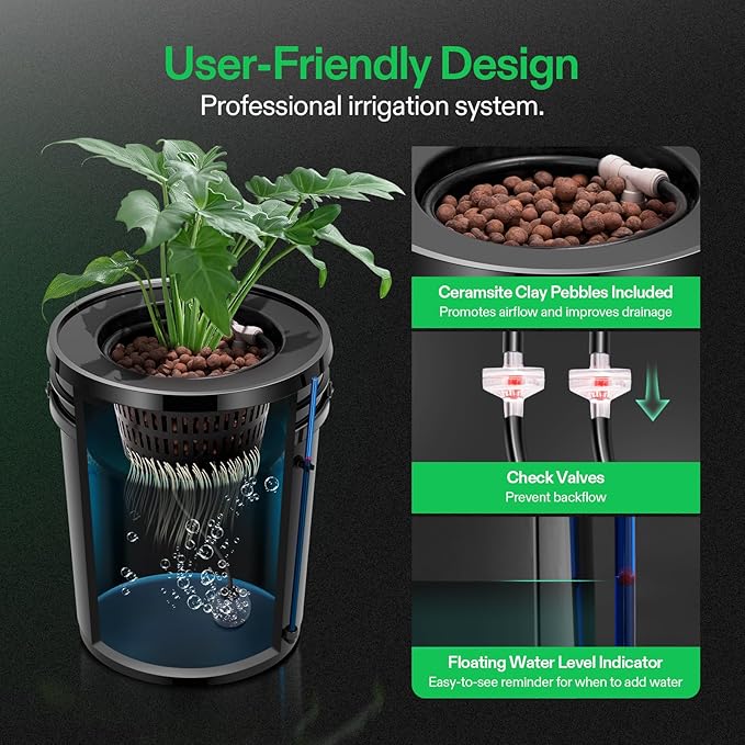 VIVOSUN DWC Hydroponics Grow System with Top Drip Kit, 5-Gallon Deep Water Culture, Recirculating Drip Garden System with Multi-Purpose Air Hose, Air Pump, and Air Stone (1 Bucket + Top Drip Kit)