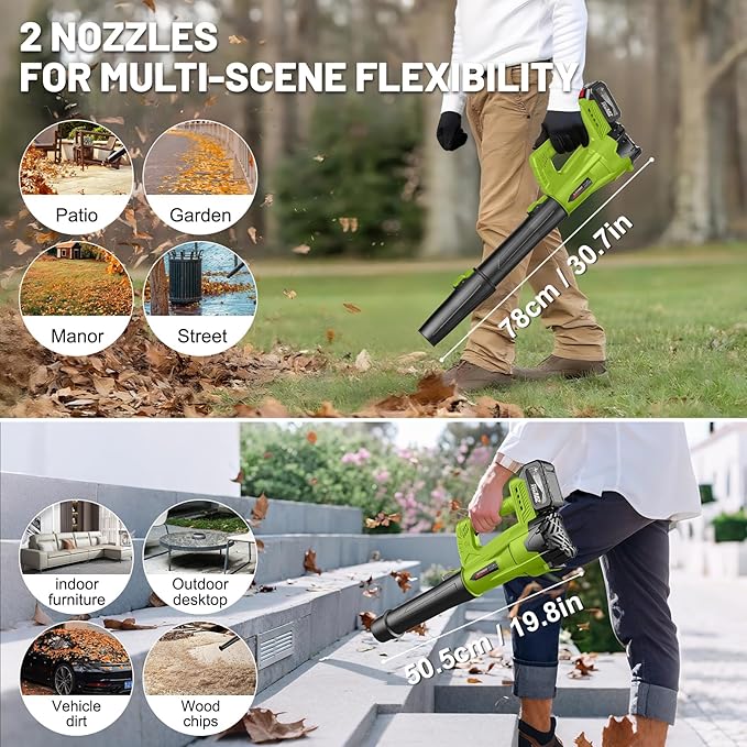 Leaf Blower Cordless with 2 x 4.0 Ah Battery and Charger, 160MPH/580CFM High Power Lightweight Handheld Electric Leaf Blowers with 2 Extended Tubes for Lawn, Yard, Leaves, Dust, Snow Care (Green)