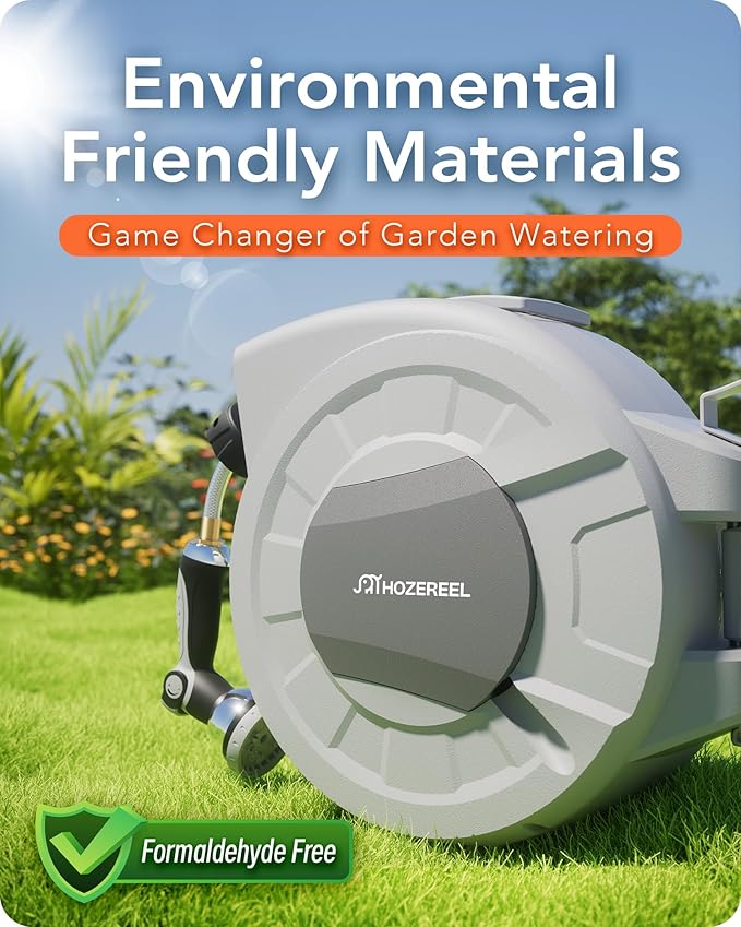 100 FT x 1/2" Retractable Garden Hose Reel by HOZEREEL, Decorative Outdoor Garden Hose Reels - Automatic Self Retract Wall Mount Hose Reel Enclosed Storage, Any Length Lock, 10 Pattern Nozzle-Grey