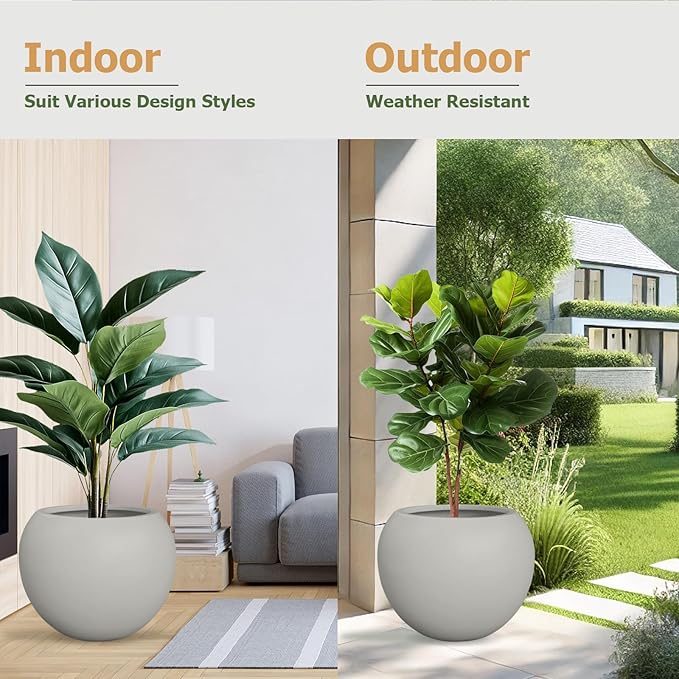 Globo Large Fiberstone Plant Pot, Large Planters for Indoor Plants, Outdoor Planters for Porch (Light French Gray, 20" D x 16" H)