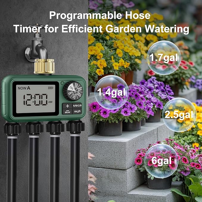 4 Zone Sprinkler Timer with Brass Inlet,Programmable Water Timer for Garden Hose with Rain Delay, Manual& Automatic Watering System,Programmable Digital for Lawn Yard,4 Zone