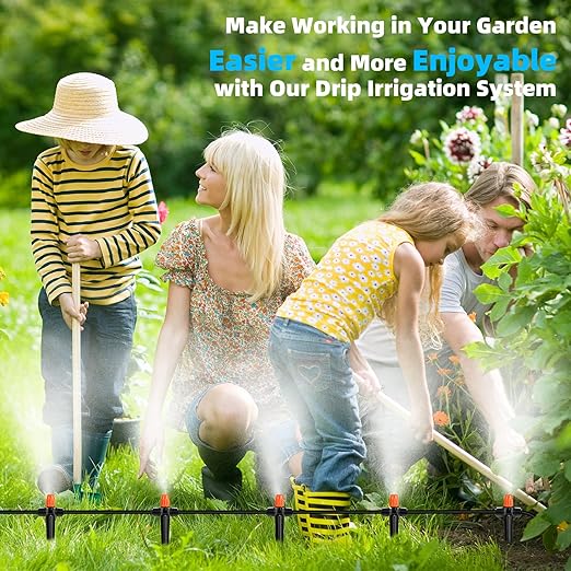 75FT Drip Irrigation System - Easy to Assemble Quick Plug Adjustable Spray Volume Garden Watering/Misting Cooling System with 1/4" Polyethylene (PE) Water Pipes for Gardens, Raised Beds, Lawns