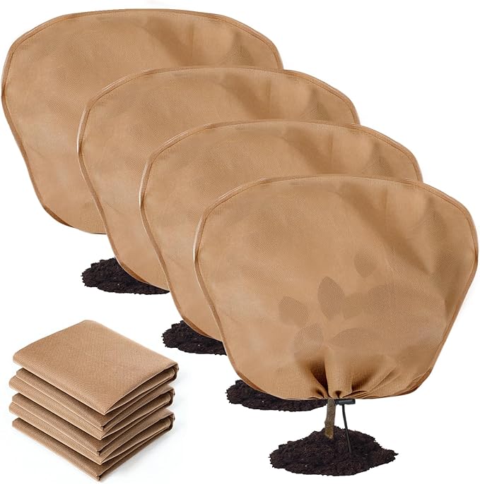 4 Pcs Winter Plant Covers Freeze Protection Reusable Plant Protector Bag with Drawstring Warm Shrubs Cover Frost Protection Planting Jacket Bags for Outdoor Garden, Brown (78.7 x 98.4 Inch)