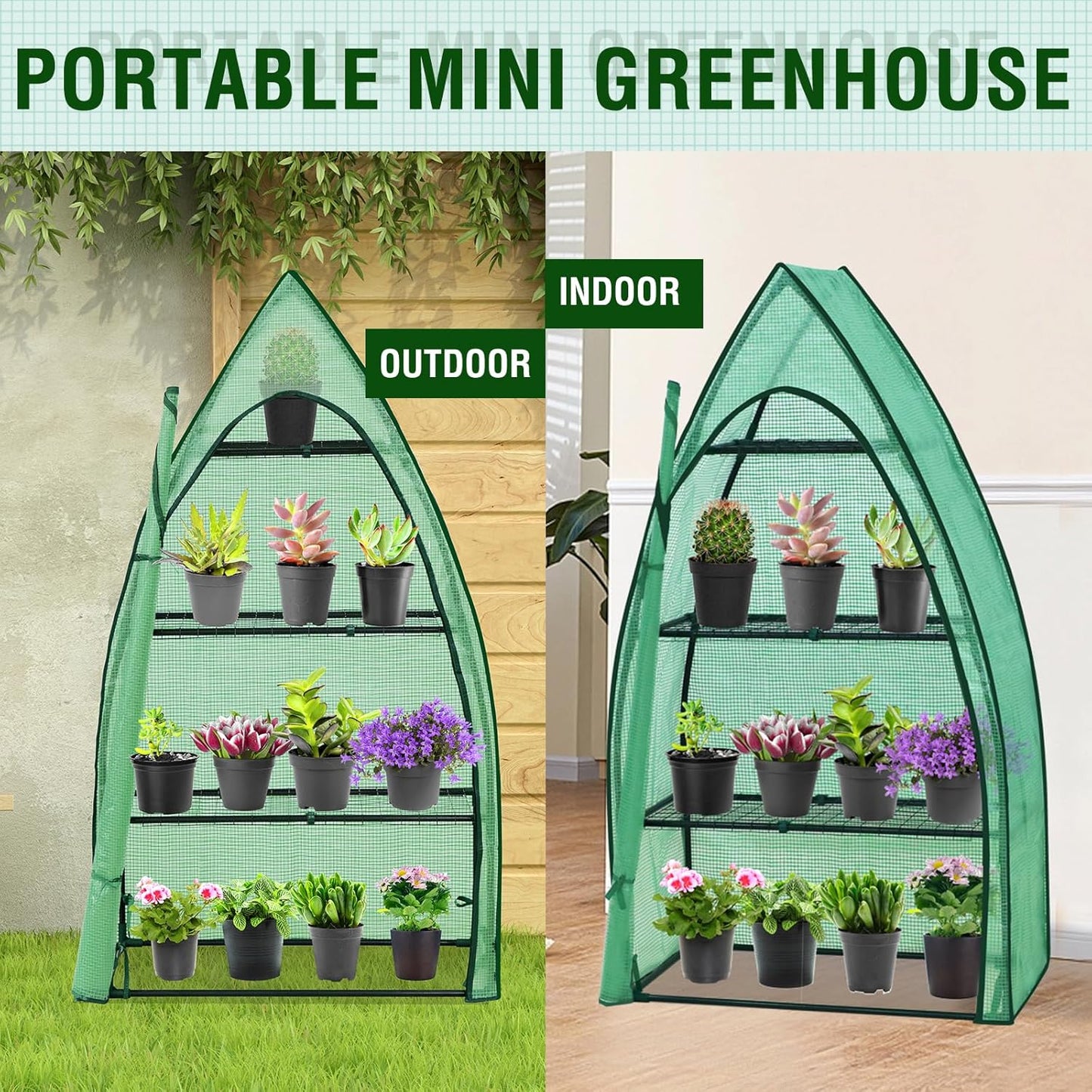 EAGLE PEAK 4-Tier Mini Greenhouse Portable Green House with Shelves & Weather-Resistant PE Cover, Small Greenhouse for Seedlings & Gardening Gifts, 35x18x63 in, Clear/Green