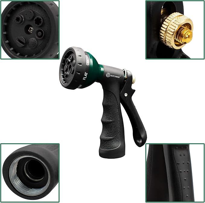 AUTOMAN-Garden-Hose-Nozzle, Metal Water Spray Nozzle with Heavy Duty 7 Adjustable Watering Patterns,Slip Resistant for Watering Plants,Lawn& Garden,Washing Cars,Cleaning,Showering Pets & Outdoor Fun.