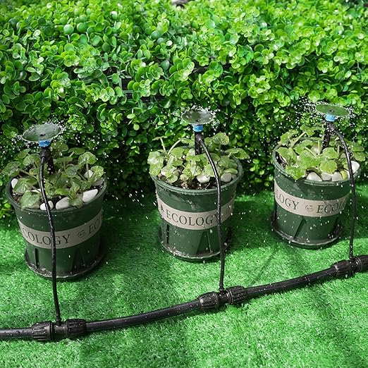 RedChili 50 Pieces Drip Emitters for 1/4" Drip Irrigation Tubing, Adjustable 360 Degree Vortex Drip Emitters with Stake 360° Full Circle Fan Shape Pattern Garden Irrigation Micro Drippers