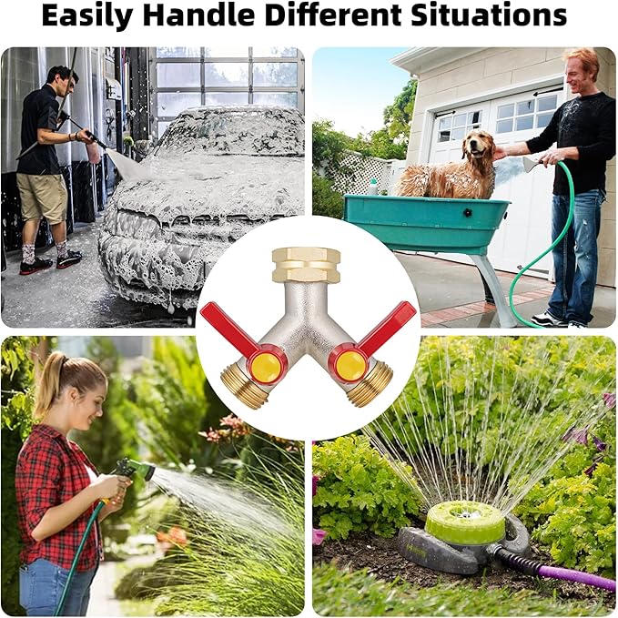2 Way Hose Splitter, Brass High Flow Garden Hose Splitter Heavy Duty, Hose Connector, Water Spigot Splitter, Full Flow Faucet Splitter with shutoff, 3/4” GHT Inlet