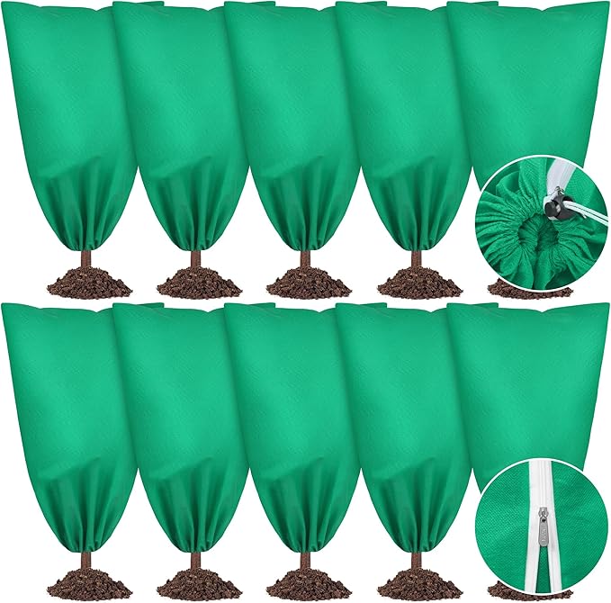 10 Pieces Plant Covers Freeze Protection Winter Plant Frost Cover with Drawstring and Zipper Large Plant Protector Bag for Frost Blankets Jacket for Outdoor Plant, Green, 31.5 x 39.3 Inch