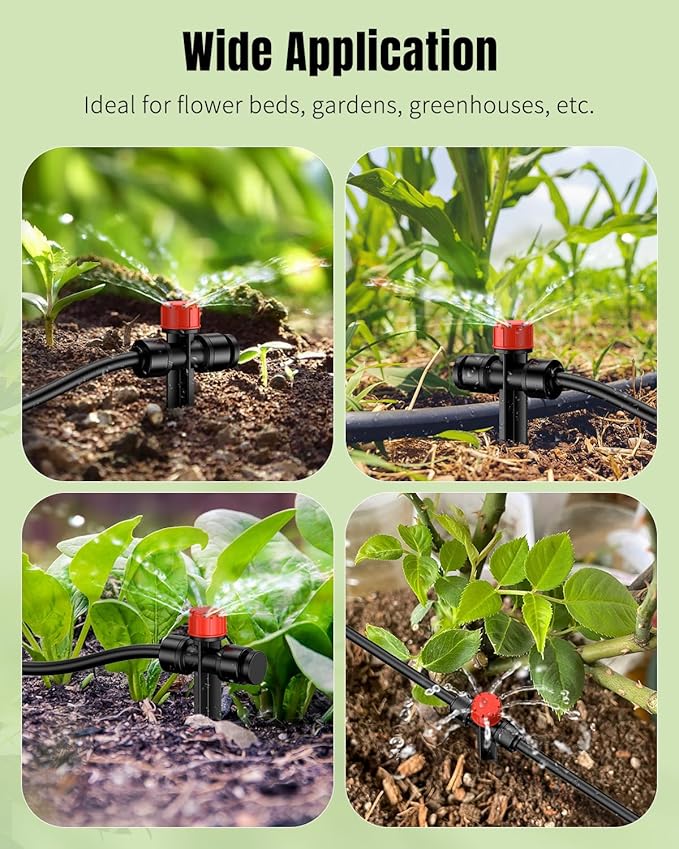 Pawfly 60 Pcs Push-to-Fit Drip Irrigation Emitters for 1/4 Inch Tubing with Stake & End Plugs, Two-Way Connection Irrigation Drippers, 8-Stream Sprinklers Drip Emitters with Adjustable Water Flow