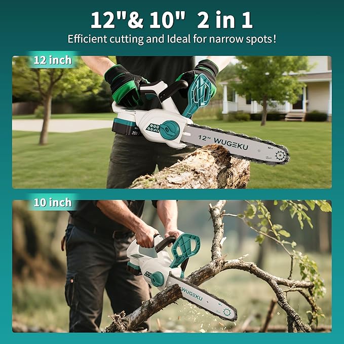 12" & 10" Electric Chainsaw Cordless, 20V Brushless Battery Chainsaws with 2 x 4.0AH Batteries - 4 x Chains, Auto Oiler, Tool-Free Chain Tension, Safety Lock