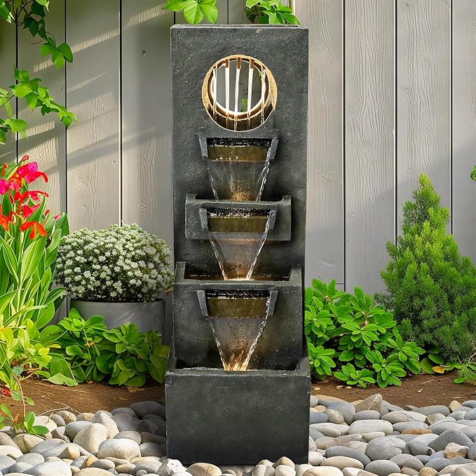 Naturefalls 39.3” H Modern Outdoor Fountain - 4-Tiered Outdoor Garden Fountains with Contemporary Design&LED Light for Garden, Patio, Deck, Porch, Backyard and Home Art Decor
