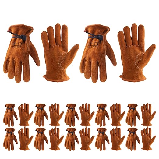 HLDD HANDLANDY 2 Pairs Cowhide Leather Work Gloves with Reinforced Palm for Men & Women (Brown-12pairs, Medium (Pack of 12))