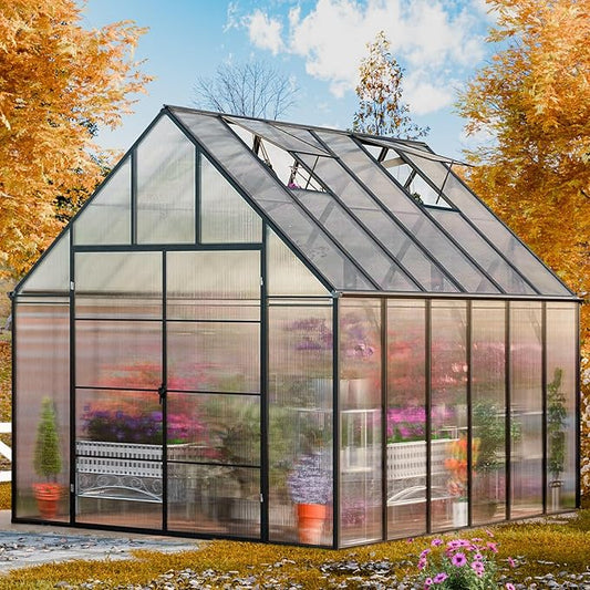 CDCASA 12.4x10.2x10 FT Greenhouse for Outdoors,Easy Assembly Large Polycarbonate Greenhouse Aluminum Heavy Duty Greenhouses w/2 Vents, Swing Door, Walk-in Green House for Patio, Backyard, Garden