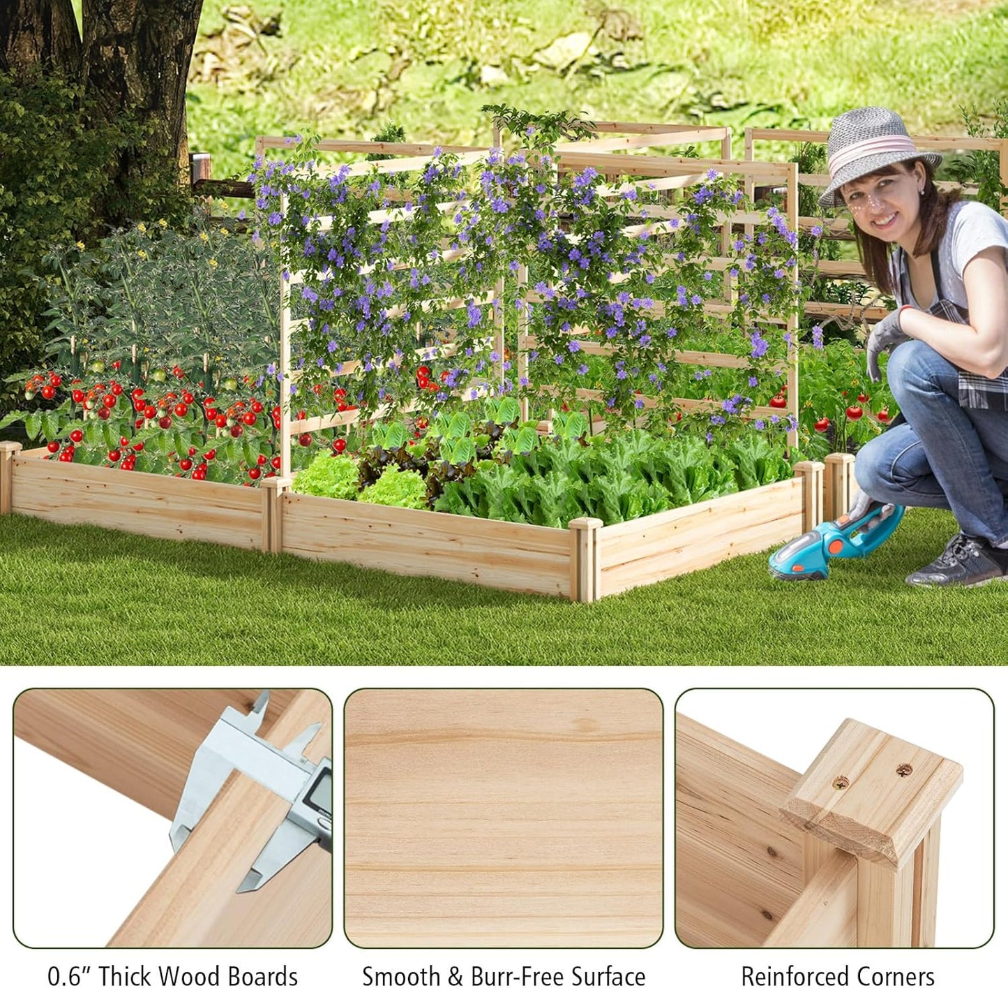 S AFSTAR Raised Garden Bed with 3 Trellis & 2 Planter Boxes, 88" L x 45" W x 43" H Outdoor Wooden Planter Box Kit for Flower Herb Vegetable Fruit Climbing Vines, Gardening Planter for Garden Patio