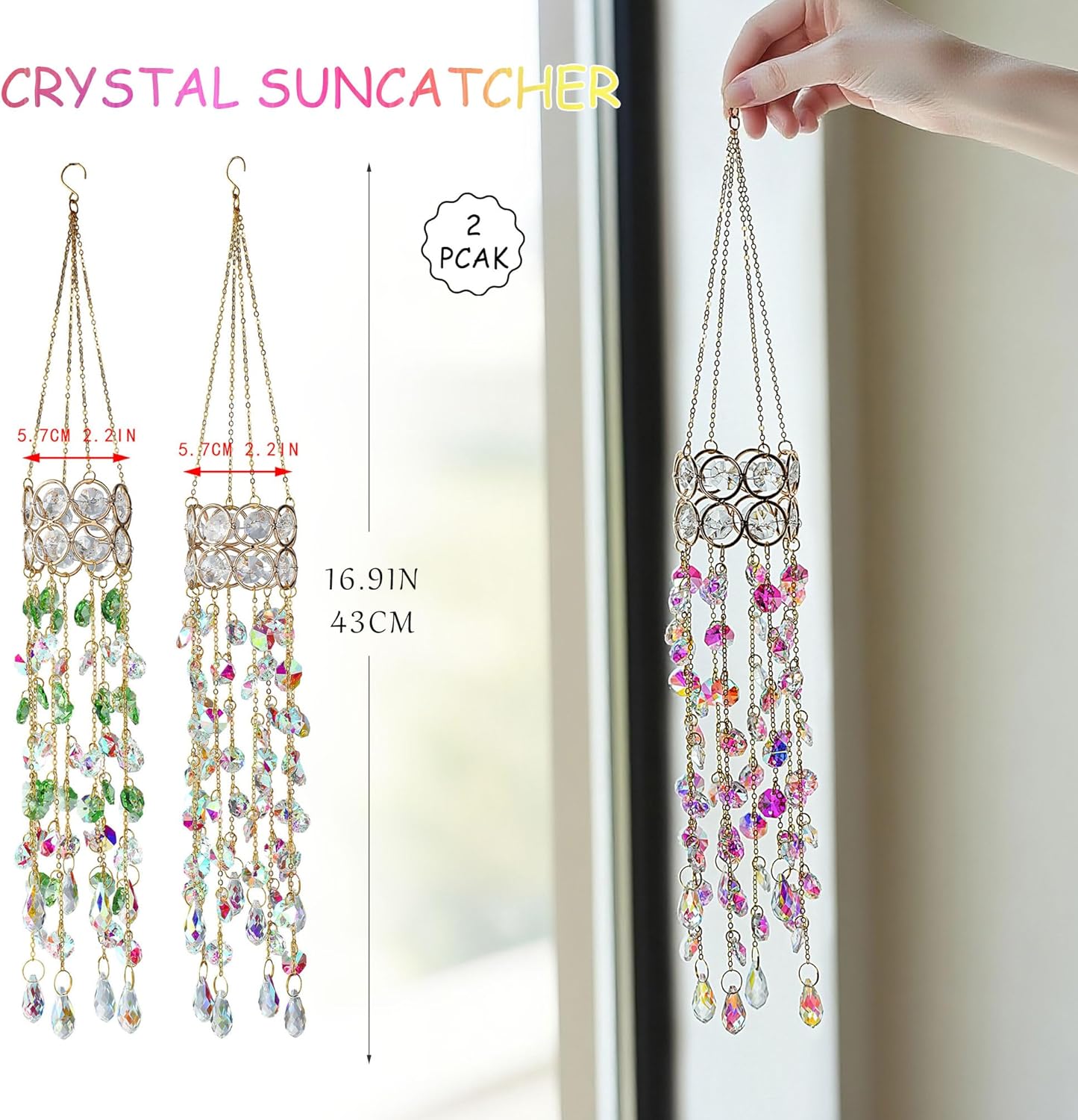 HDCRYSTALGIFTS 2 Pack Crystal Suncatchers for Window Hanging, Rainbow Maker Crystal Prism Sun Catcher Indoor Window Outdoor Home Garden Decor Retirement Gift