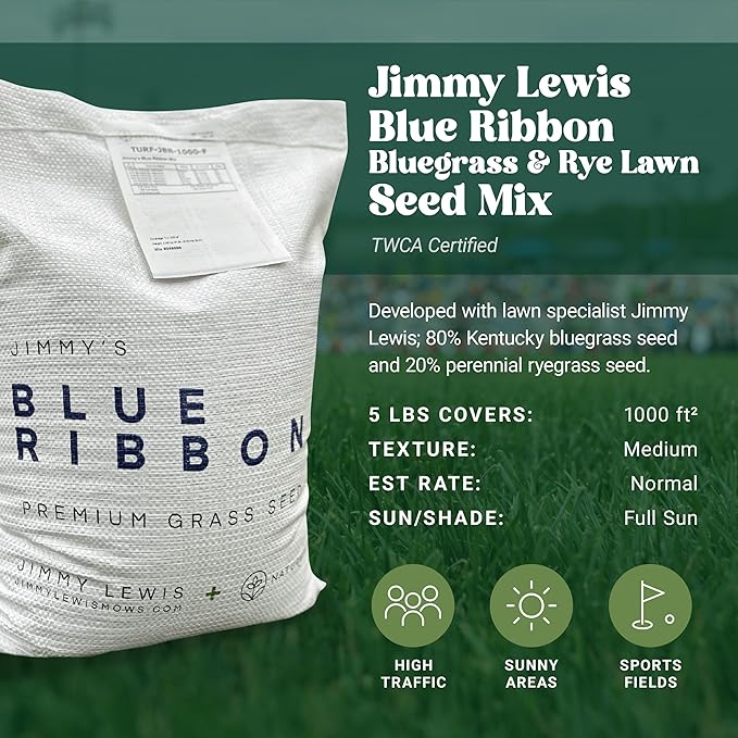 Nature’s Seed Jimmy's Blue Ribbon Mix, Kentucky Bluegrass and Perennial Ryegrass Grass Seed Blend, High-Traffic, for Garden, Lawn, Yard, 5 lbs