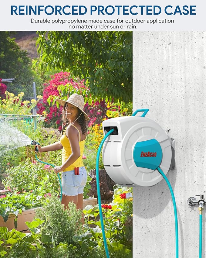 ENEACRO Retractable Garden Hose Reel with Wall Mount 5/8"×66FT with 10 Pattern Hose Nozzle, Brass Connector, Auto Rewind/Any Length Lock/ 180° Swivel Bracket, Ideal for Garden Watering