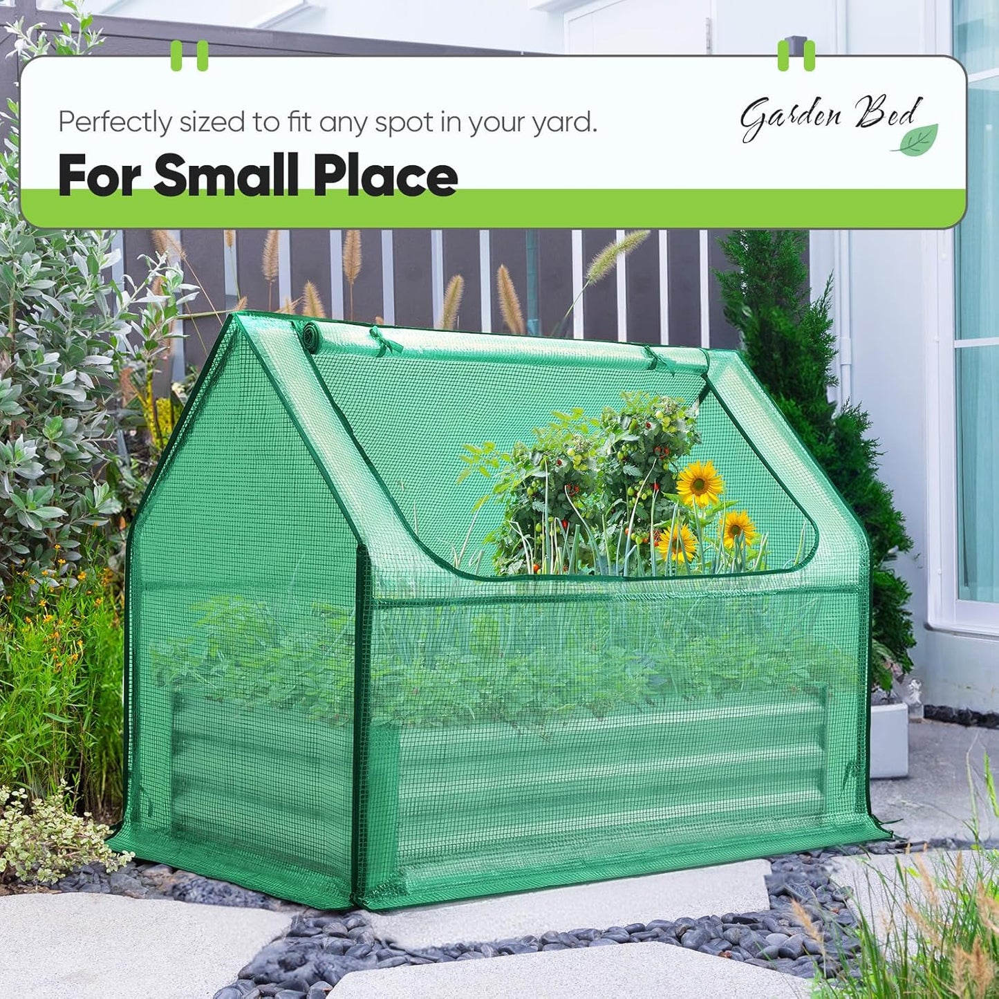 Quictent Raised Garden Bed with Cover Outdoor Galvanized Steel Planter Box Kit with Greenhouse Large Zipper Window Dual Use, 20pcs T-Type Tags & 1 Pair of Gloves Included 4x2.6x1 FT (Green)