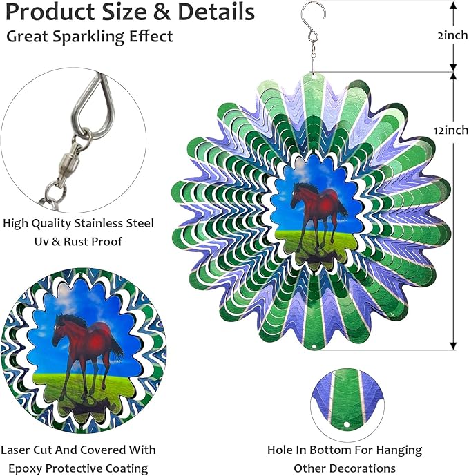 Animated Horse Wind Spinner | 3D Kinetic Hanging Wind Spinners & Sculptures, Garden Decoration Yard Ornament Outdoor Décor, Memorial Gift for Horse Lover, Men & Women