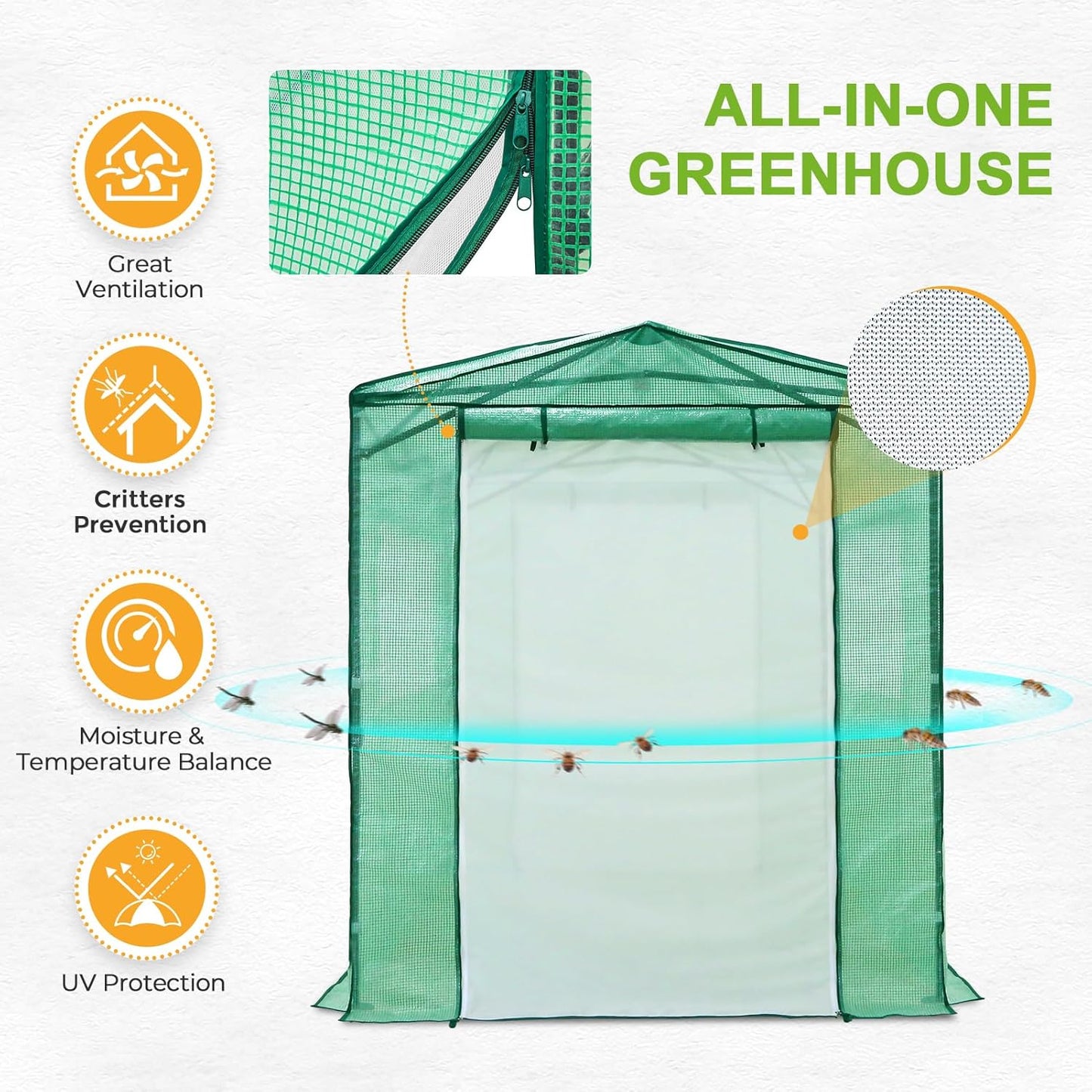 EAGLE PEAK 8x6 Portable Walk-in Greenhouse Instant Pop-up Indoor Outdoor Plant Gardening Green House Canopy with Dual Roll-up Zipper PE Door & Upgraded Screen Mesh Door, PE Cover, Green/Clear