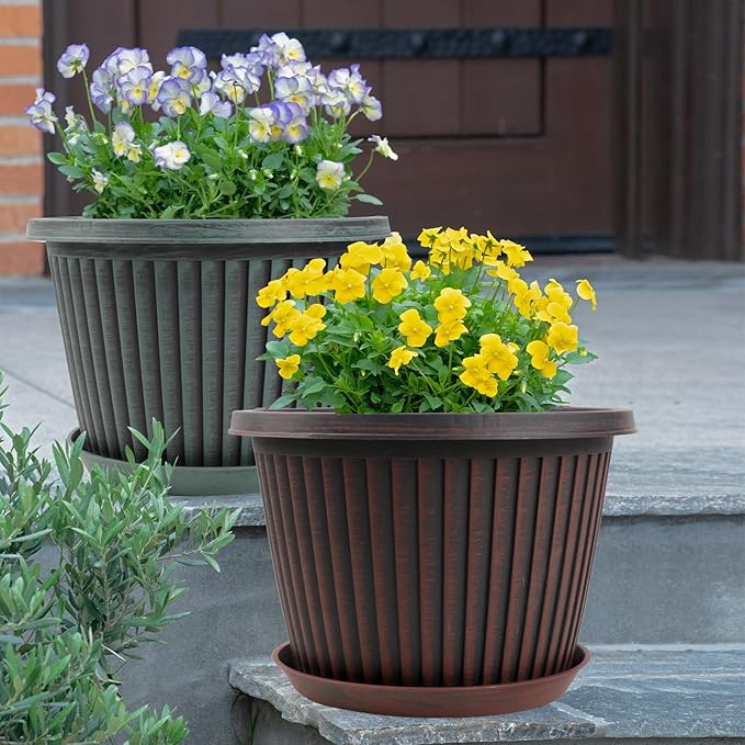 Large-Planter-Indoor-Outdoor Plant Pots, 12 inch 4 Pack Plastic Flower Pots with Saucer and Drainage Holes, Modern Garden Planters for Planting Medium Large Plants, Decorative Resin Garden Pots