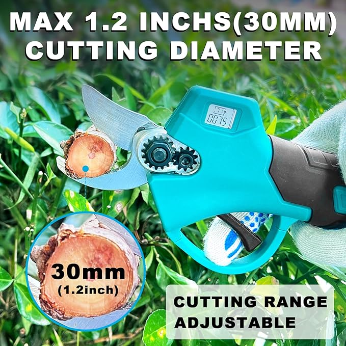 Electric Pruning Shears, Cordless Garden Shears, Branch Pruners with LCD Display, Cutting Diameter 1.2 Inch, Comes with 2 2.0Ah Batteries, Charger and Replacement Blade Set for Gardening Tree Pruning
