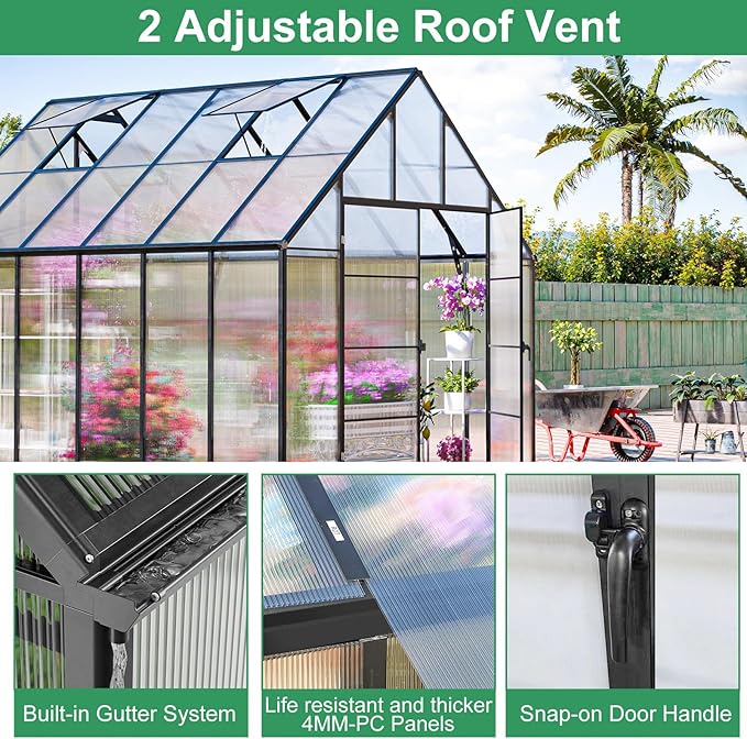 CDCASA 12x10x10 FT Greenhouse for Outdoors, Easy Assembly Large Aluminum Heavy Duty Polycarbonate Greenhouses Kit w/2 Windows, Swing Door, Outsides Walk-in Green House Sunroom for Backyard Garden