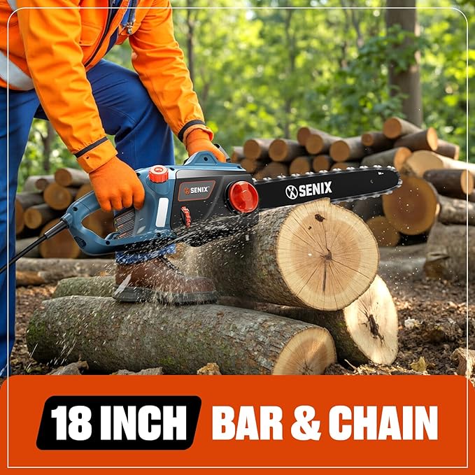 SENIX Electric Chainsaw, 18" Corded Chainsaw,15 Amp Chain Saw for Wood Cutting, Tree Trimming, Garden Tool for Pruning, Branch Cutting, Yard, Fathers Day Gift for Men,Gardener, CSE15-M