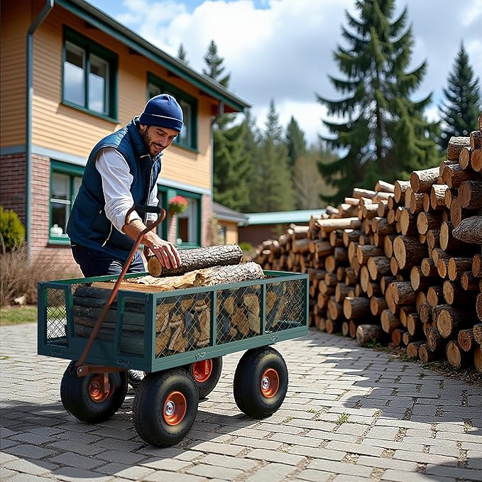 Versatile Garden Cart for Lawn and Yard with Heavy Duty Steel, 900 Lbs Capacity Mesh Steel Garden Cart Folding Utility Wagon with Removable Side Panels, Long Handle, 10" Tires - Green and Orange