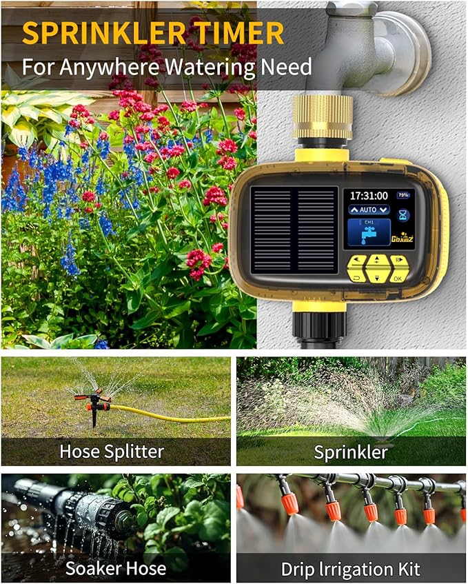 Solar Sprinkler Timer, Hose Timers for Watering - Programmable Water Timer for Garden/Yard, Brass Connector, Manual/Rain Delay Modes Outdoor Irrigation