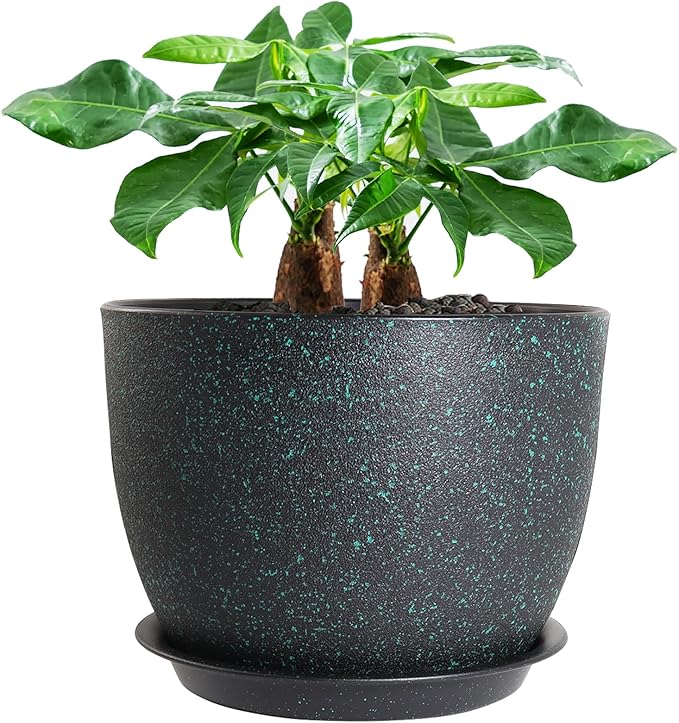 12inch Large Plant Pot, Modern Plastic Planter with High Driange Holes and Saucer for Indoor Outdoor Garden Plants and Flowers, Black with Green Speckles