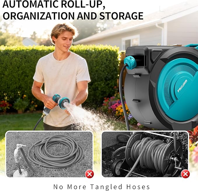 1/2" 110FT Retractable Garden Hose Reel, Wall Mounted Automatic Hose Reel with Upgraded 10 Pattern Nozzle/Any Length Lock/Slow Return System/180°Swivel Bracket, AquaBlue