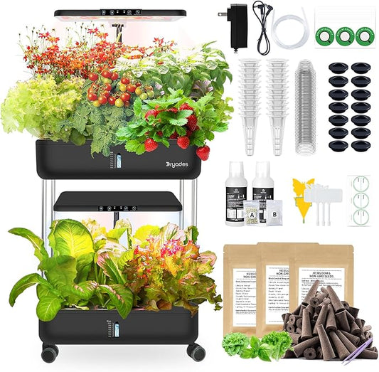 44-Pod Indoor Hydroponic Growing System + 3 Free Seeds Starter Kit (Lettuce, Salad Mixed, Basil Seeds) – Dual 53W Full-Spectrum LED, 10-L Water Tank, 2-Tier Grow Pods