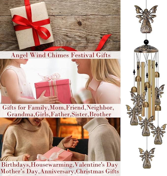 Bronze Angels Wind Chimes Decor, Mobile Blessing Wind Bells Decorate, Sympathy Wind Catcher, Memorial Gifts for Mom,Grandma,Woman (Housewarming/Outside/Indoor/Home/Room/Porch/Yard/Garden Decoration)
