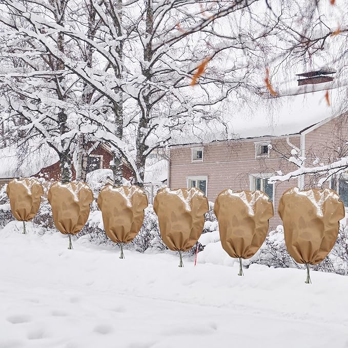 12 Pcs Winter Plant Covers Freeze Protection Reusable Plant Protector Bag with Drawstring Warm Shrubs Cover Frost Protection Planting Jacket Bags for Outdoor Garden, Brown (31.5 x 47.2 Inch)